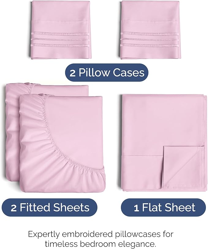Split King Size 5 Piece Sheet Set - Comfy Breathable & Cooling Bed Sheets Set - Hotel Luxury Bedding for Women, Men, Kids, Teens, Boys & Girls - Deep Pockets and Wrinkle Free - Oeko-Tex - Light Pink