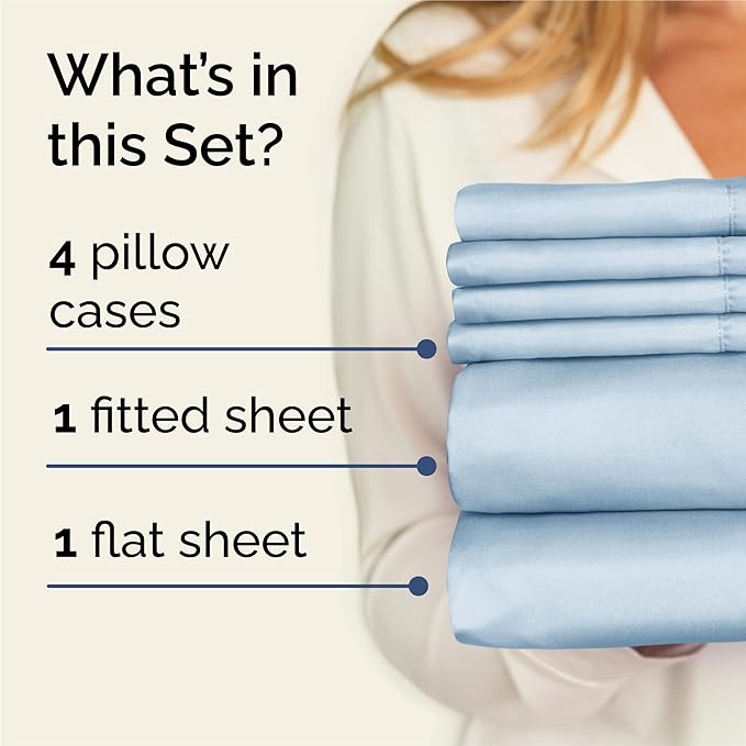 King Sheets Set 6 Piece - Includes 4 Pillowcases - Bed Sheets King Size - Soft Hotel Luxury Bedding - Cooling, Comfy, Cozy & Breathable - 1 Flat & 1 Fitted & 4 Pillowcases w/ Deep Pockets - Sky Blue