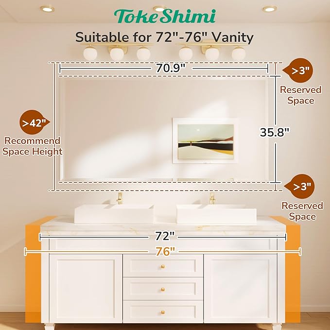 TokeShimi 72x36 Bathroom Mirror Frameless, Tempered 1" Beveled Edge Bathroom Mirrors for Over Sink, Shatterproof Rectangle Mirrored Wall Mounted for Living Room, Entryway, Restroom
