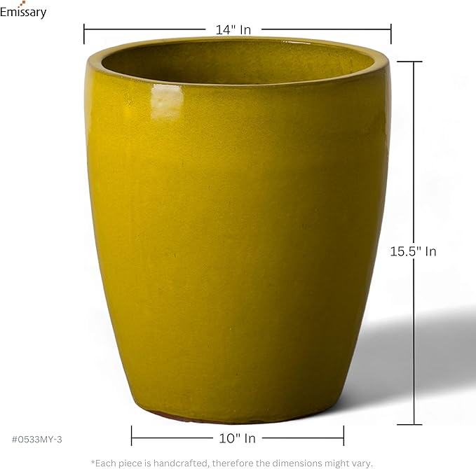 Emissary Bullet 14 in. Mustard Yellow Ceramic Round Planter (14 in. L x 14 in. W x 15.5 in. H) with Drainage Hole