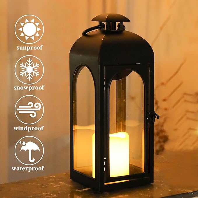 Bdor 2 Pack 16 Inches Metal and Tempered Glass Decorative Lantern with Electronic Wax Effect - Indoor/Outdoor Decorative Lighting, Handcrafted Aesthetic, Perfect for Home, Parties, and Holiday Decor