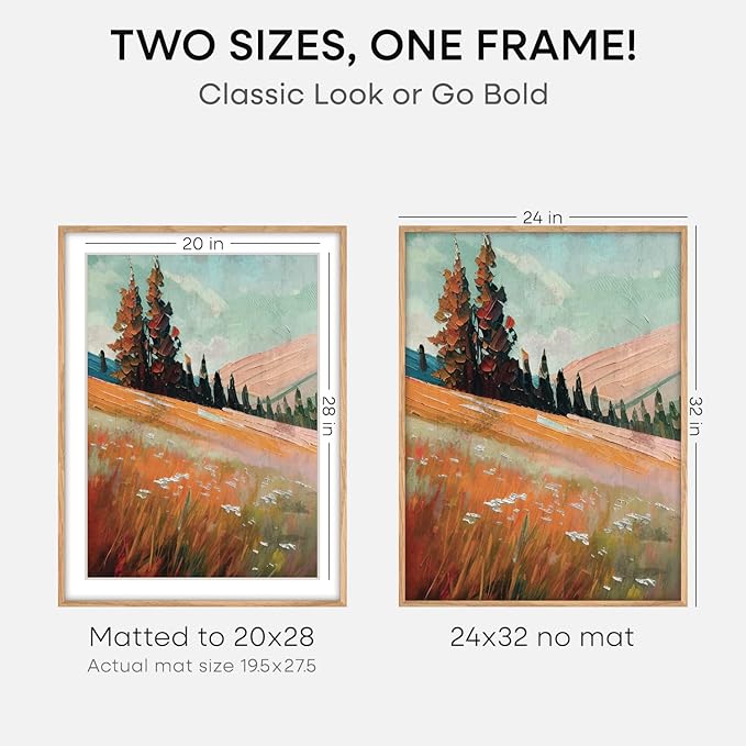 Homeforia 32x24 Poster Frame Wood, High End Natural Oak 24x32 Large Picture Frame with Mat 20x28, 24 x 32 Light Wooden Frame Matted to 20 by 28 Photo, 24by32 Frames, Tempered Glass, Wall Kit, Set of 1