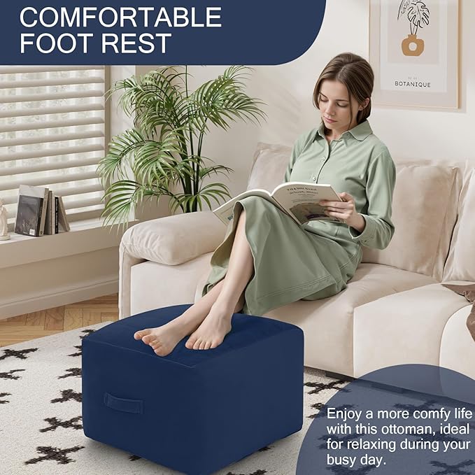 MeMoreCool Square Stuffed Pouf Ottoman Foot Rest, Floor Pouf Foot Stool with Foam Chunk Filling, Soft Stuffed Ottoman Footrest for Living Room, Navy