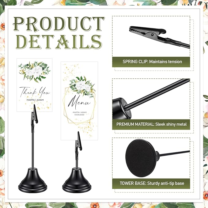 20 Pcs Table Number Holders 4/6/8/10 Inch Metal Place Card Holders with Alligator Clip Heavy Base Wedding Table Number Stand Picture Photo Clip for Banquet Party Birthday Restaurant(Black)