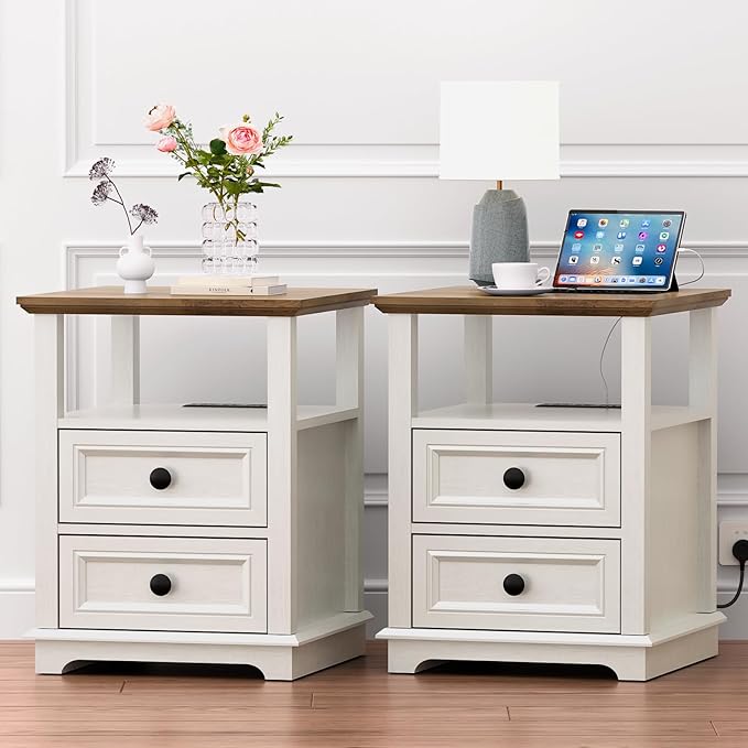 18" Wide End Table with Fast Charging Station Set of 2, 18” Wide Sofa End Table with Drawers,Storage Rustic Wood Storage Cabinet,Sofa Table for Living Room,White