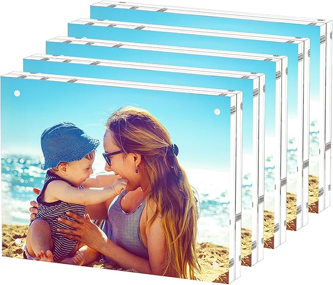 HELPLEX 5 Pack 8.5x11 Acrylic Picture Frames, 24mm Thicker Frameless Clear Frame Double Sided Magnetic Frame, Free Standing Desktop Display Stand