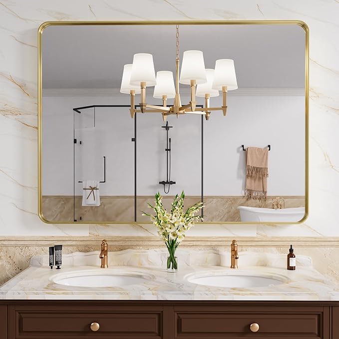 Gold Bathroom Mirror, 48x32 Inch Brushed Gold Metal Frame Mirror for Wall, Rounded Rectangle Bathroom Vanity Mirror, Tempered Glass, Anti-Rust, Horizontal/Vertical