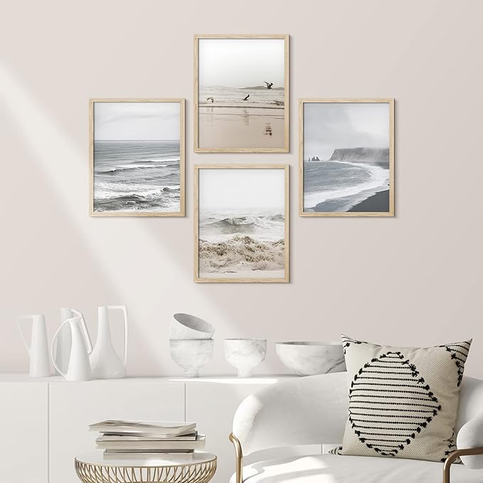 SIGNWIN Framed White Minimal Ocean Beach Seashore Coastals Wall Art, Set of 4 Landscape Colorful Wall Decor Prints, Nature Wilderness Wall Décor for Living Room, Bedroom - 11"x14" Natural