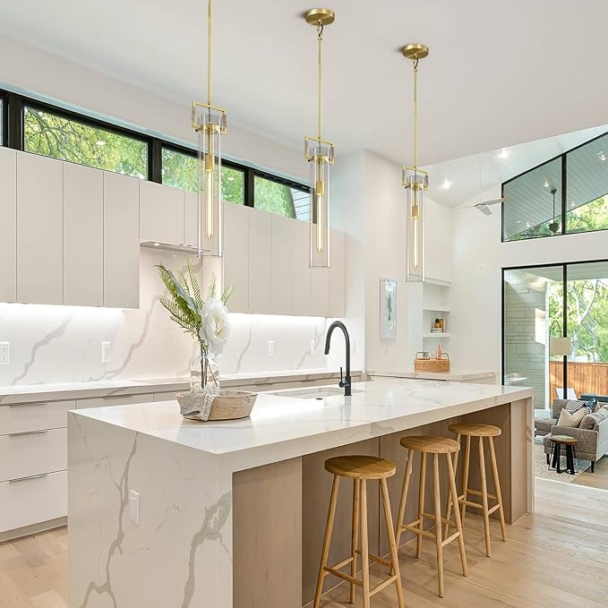 Modern Gold Pendant Light, 21'' Pendant Lights Kitchen Island Large, Adjustable Height Brass Pendant Light Glass Pendant Light Fixtures, for Dinning Room Farmhouse Bedroom Bathroom