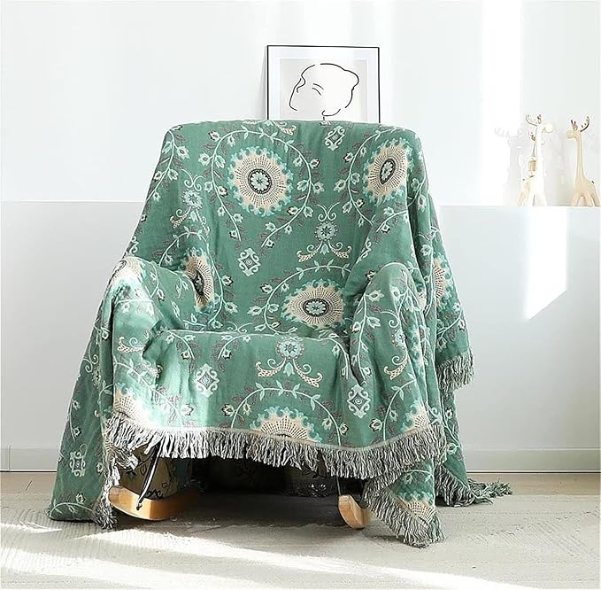 MSGKV Boho Throw Blanket for Couch Bed 100% Cotton Blankets Woven Green Blanket,Versatile Double Sided, Super Soft Warm Blanket 60''x 80''