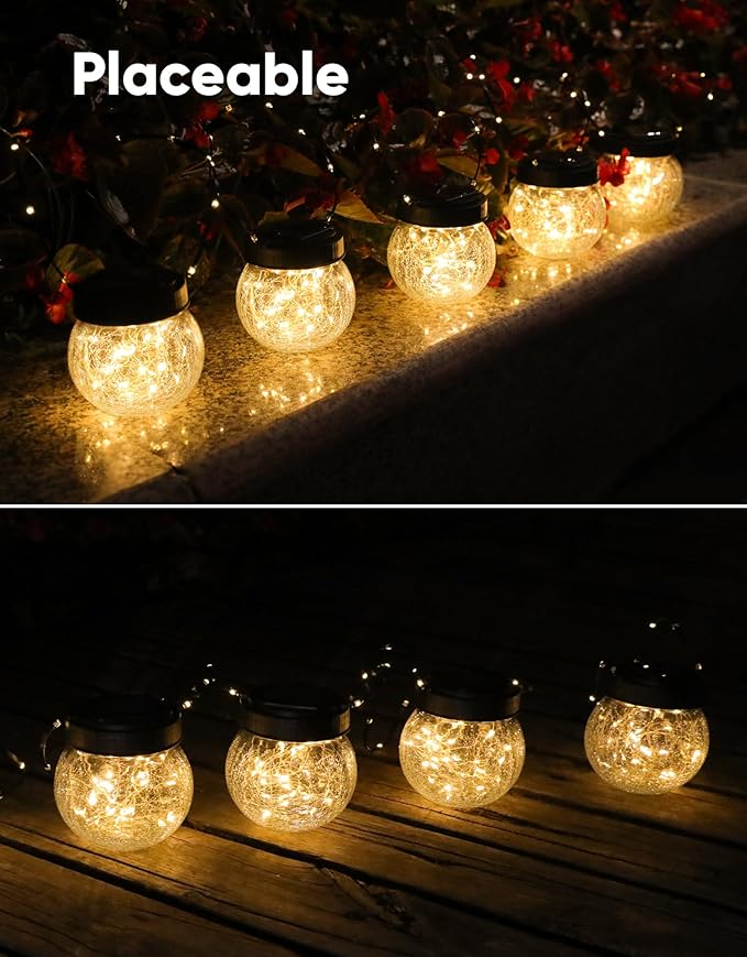 PARTPHONER Solar Lantern Solar Lights Outdoor Waterproof 2-Pack, Solar Powered Hanging Lights Cracked Glass Hanging Globes for Christmas Decoration, Shepherd Hook, Garden Tree Ornaments
