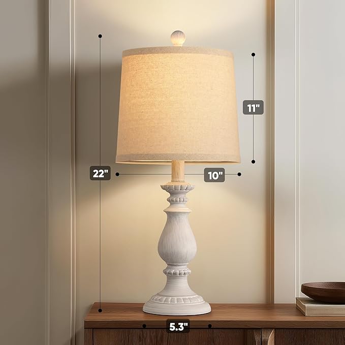 QiMH Farmhouse Table Lamp Set of 2, Rustic Table Lamps for Living Room, Vintage Nightstand Lamp with Rotary Switch, Beside Lamps for Bedroom, Traditional Table Lamps with Linen Shade, Antique White