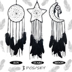 3PCS/LOT Star Moon Sun Shape Dream Catcher Home Decoration, and Baby Kids Room Accessory - Dream Catcher with Feather Decoration - Unique Home Craft Wall Pendant (Black)