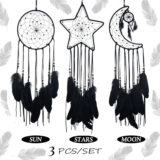 3PCS/LOT Star Moon Sun Shape Dream Catcher Home Decoration, and Baby Kids Room Accessory - Dream Catcher with Feather Decoration - Unique Home Craft Wall Pendant (Black)