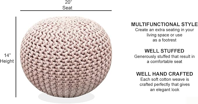 FRELISH DECOR Round Pouf Ottoman Hand Knitted 100% Cotton Pouf Foot Stool - Knitted Bean Bag - Floor Chair for Living Room Bedroom - Foot Rest for Couch (20 Diameter x 14 Height) - Cloud Pink