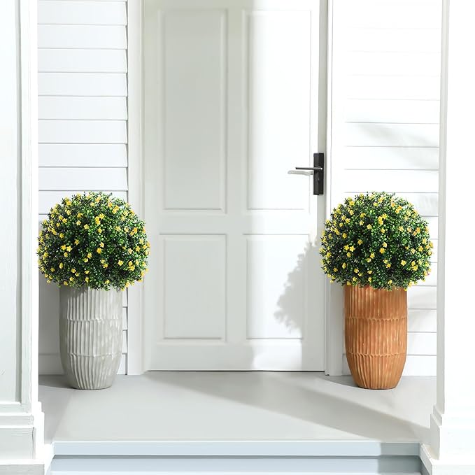 Yunlly Set of 2 Artificial Boxwood Topiary Ball Tree Fake Bushes Shrubs Outdoor Faux Plant with Ground Spike Flowers UV Resistance Greenery for Front Porch Garden Patio Indoor(Yellow,27x18inch)