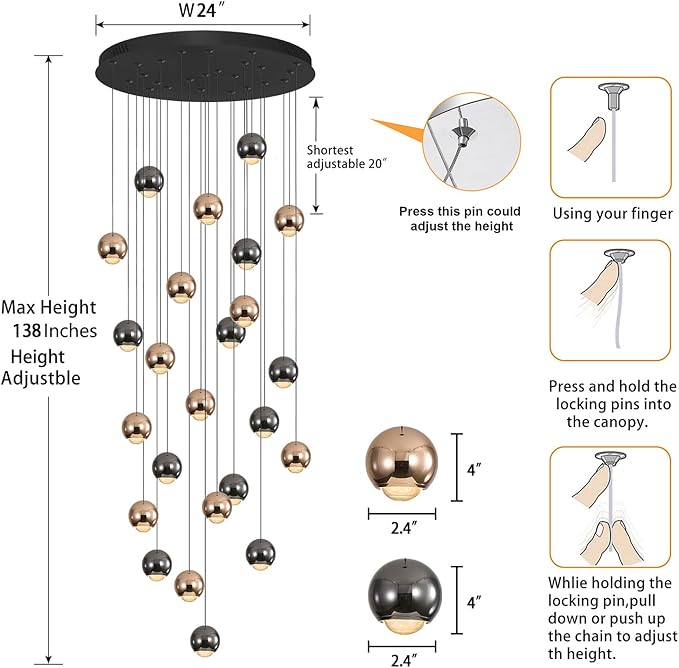 LED Staircase Chandelier Crystal Ceiling Lights Large Chandeliers for High Ceilings, Entryway Modern Lighting Fixture Villas and Stairs 24 Lights Black and Gold Dimmable 2700k-6000k