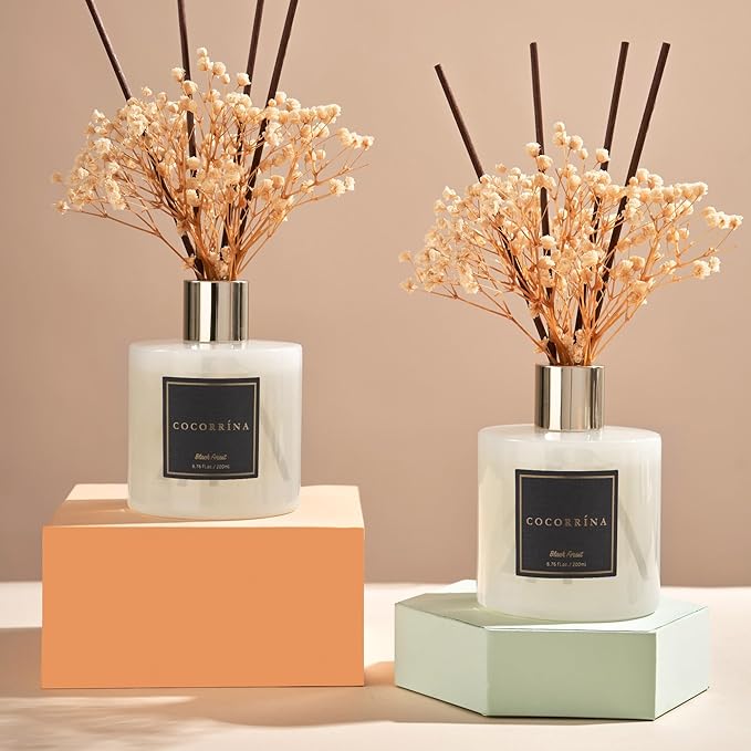 Cocorrína Premium Reed Diffuser Set with Preserved Baby's Breath & Cotton Stick Black Forest 2 Packs, 6.7oz Scent Fragrance Oil Diffuser for Bedroom Bathroom Home Décor
