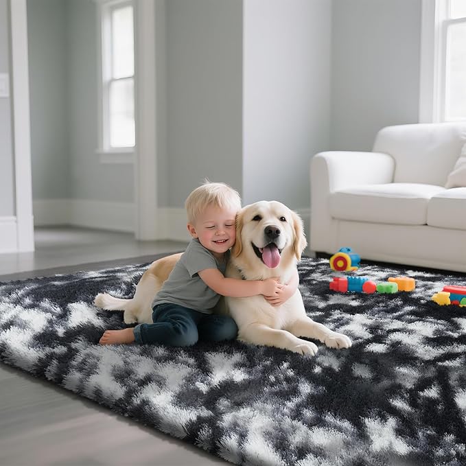Fluffy Rug Shaggy Area Rug, Mottling Black 3x5 Area Rugs for Bedroom, Small Bedside Rug, Soft Fluffy Shaggy Entryway Throw Rugs for Living Room Bedroom Kids Room Home Decor