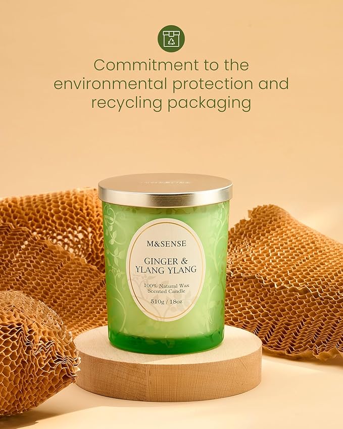 M&SENSE Ginger Ylang Ylang Scented Candle, Cracking Wooden Wick Soy Wax, 18oz 100 Hours Long Lasting Clean Burn, Large Jar Candles for Home Decor, Non-Toxic Relaxing Aromatherapy Gifts for Women