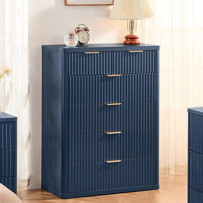 LEYAOYAO Fluted 6 Drawers Dresser for Bedroom Set of 2, 42" Tall Modern Chest of Drawers with Metal Handle, Curved Profile Design,Blue Wood Drawer Organizer for Bedroom, Living Room, Hallway