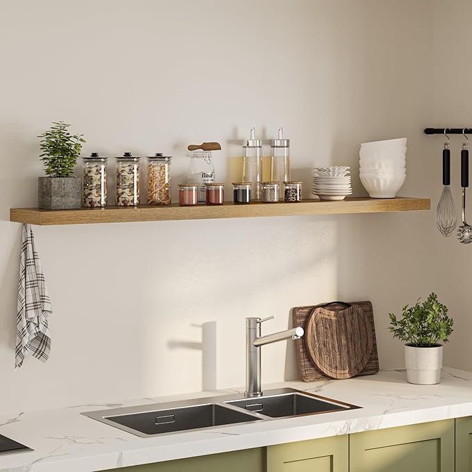 Floating Shelves for Wall, 72"W x 9.3"D x 1.5"H, Long Wooden Wall Mounted Display Shelves with Invisible Brackets for Living Room, Bedroom, Bathroom, Kitchen Decor and Storage, Set of 1, Oak