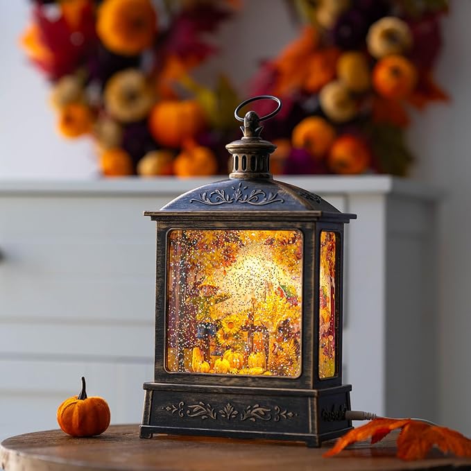 12.5'' Fall Snow Globe Lantern - Scarecrow and Turkey Lighted Water Lantern with Swirling Glitter Fall Decorations for Home, Thanksgiving, Autumn Harvest Fall Decor