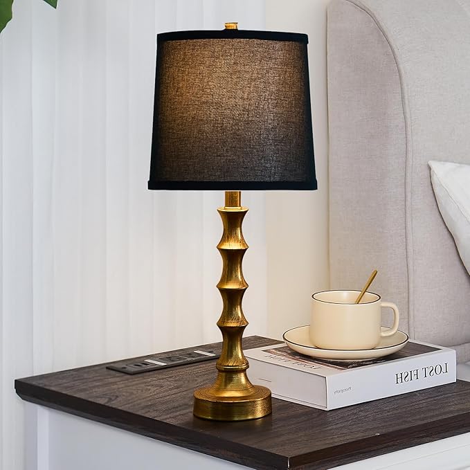 Gold Table Lamp 24" Nightstand Lamps Set of 2 Bamboo Shape Base Metal Desk Lamps with Linen Black Shade Modern Bedside Nightlight with USB A+C Ports Rustic Table Lamp for Farmhouse Dining Room