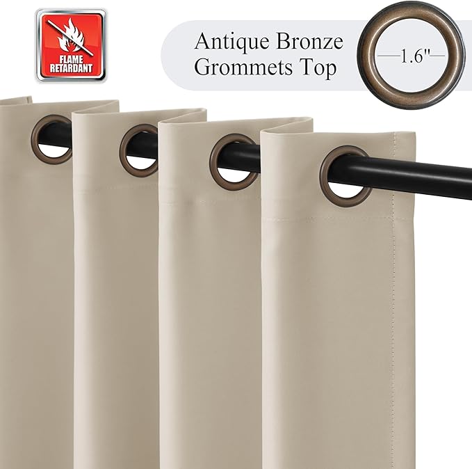 Fcosie 150 Inches Extra Wide Flame Retardant Fire Resistant Fireproof Drapes with Antique Bronze Grommets - 150" W by 84" L - Beige - 2 Panels - Grommet Insulated Room Darkening Privacy Curtains