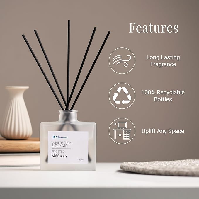 Frosted White Tea & Thyme Reed Diffuser Set - Decorative Fragrance Diffuser & Oil for Bathroom & Home | Long-Lasting Aroma | Natural Scent Sticks | Essential Oils & Botanicals| 100mL