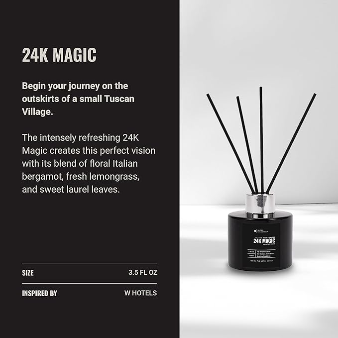 Hotel Collection - 24K Magic - Reed Diffuser Set - Luxury Aromatherapy - Lemon, Bergamot, Black Fig, Cedarwood, Amber, Musk & Blonde Woods - Essential Oil Diffusers - Shelf Decor - 100mL/3.5 FL oz
