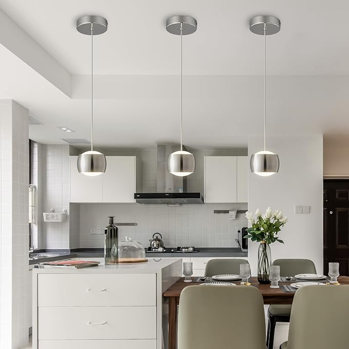 Modern LED Dimmable Pendant Light fixtures,Mini Island Pendant Lighting for Kitchen Island Dinning Room,Bedroom,Bar, Kitchen Island Ceiling Hanging Light Fixtures(Chrome-2-Pack)