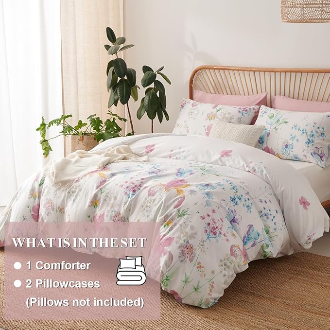 Floral Comforter Set King Size - 3 Pieces Lilac White Floral Comforter Bedding Sets Reversible Pattern,King Bed in a Bag with Flowers Comforter and 2 Pillowcases