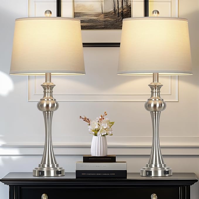 28.75" Silver Table Lamps for Living Room,Touch Lamps for Bedrooms Set of 2 - Nightstand Table Lamp with USB C+A, 3 Way Dimmable Bedside Lamps End Tables Brushed Nickel