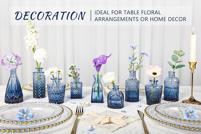 Glass Bud Vase Set of 12, Small Blue Flower Vases for Centerpieces in Bulk, Mini Vintage Vase for Wedding, Home,Table Decoration