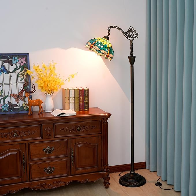 Tiffany Floor Lamp Green Dragonfly Stained Glass Lamp Adjustable Gooseneck Standing Reading Light 63 inches Tall Standing Lamp for Living Room Bedroom and Office