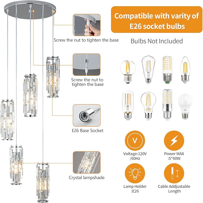 LMQNINE Pendant Light, Chrome Modern Pendant Light Fixtures, Mini Crystal Chandeliers, Adjustable 5-Light Pendant Lighting for Kitchen Island Dinning Room Bedroom (Chrome 5-Light)