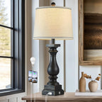 28" Tall Farmhouse Table Lamps with USB C+A Ports and AC Outlet, 3 Way Touch Control Rustic Bedside Lamps for Bedroom, Black Vintage Nightstand Lamps for Living Room Office