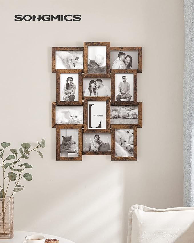SONGMICS Collage Picture Frames, 4x6 for Wall Decor Set of 12, Multi Family Photo for Gallery Decor, Hanging Display, Assembly Required, Rustic Brown