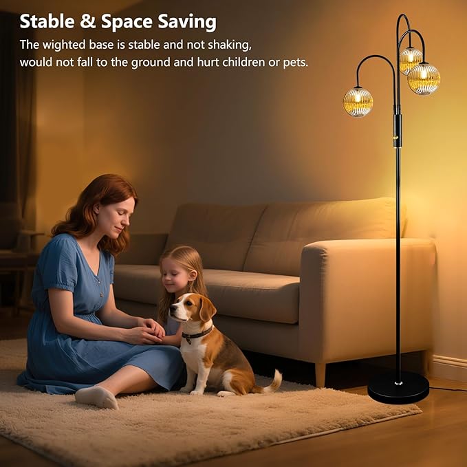 Lightdot 70IN Dimmable Floor Lamp for Living Room, 3 Light LED Tree Floor Lamps with 3Pcs Glass Globe, 3000K Soft Warm White for Wedding/Party, Mid Century Standing Tall Lamp for Bedroom/Office-Black