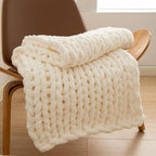 WESHIONGOO Chunky Knit Blanket Throw 40"×40" Knitted Throw Blankets for Couch Bed Fluffy Soft Blanket with Jumbo Chenille Yarn Thick 100% Handmade (Cream White)