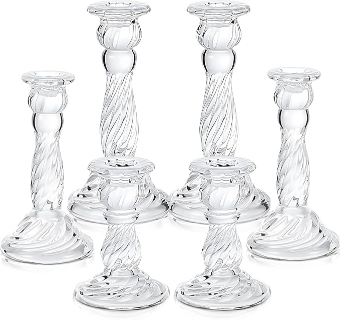Mumufy 6 Pack Glass Taper Candle Holders Clear Candlestick Holder Fit 0.8 Inch Candles 4'' 6'' 8'' Tall Crystal Decorative Candlestick Stand Centerpiece for Table Wedding Dining Party (Spiral)