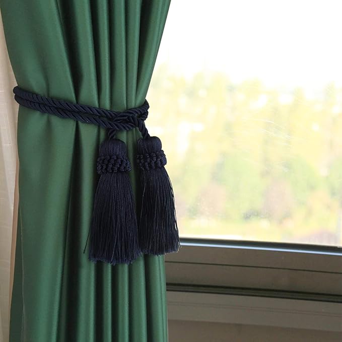 Fenghuangwu Curtain Tiebacks Handmade Decorative Curtain Holdbacks Rope with Tassel (Navy, 2P)