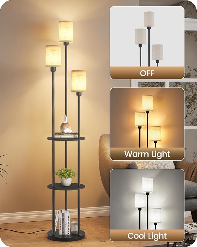 Floor Lamp with Shelves, Modern Floor Lamp with 3 Linen Shades and Foot Switch, 3-Light Standing Lamp, for Living Room, Bedroom, Study, Office, Black and Beige E53LD05