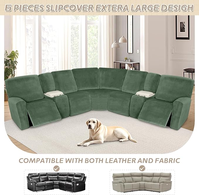 Arfntevss Sectional Recliner Couch Covers Velvet Washable Corner Sectional Sofa Cover for Reclining Stretch Soft Thick L Shape Recliner Slipcover Set (5 Seat with 2 Console Cover, Grayish Green)