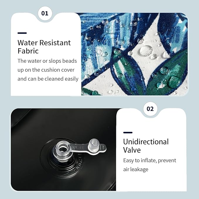 Inflatable Ottoman Stool D21 xH9 for Outdoor/Indoor Use, Water Repellent Patio Foot Rest Stool with Portable Handle,Round Pouf Ottoman Suitable for Garden,Deck and Camping - Leaves Ink Blue