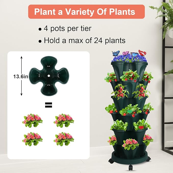 Vertical Planter, 6 Tier Stackable Strawberry Planter with Garden Tool Set, Movable Indoor/Outdoor Garden Herb Pot for Growing Vegetables and Succulents, Green