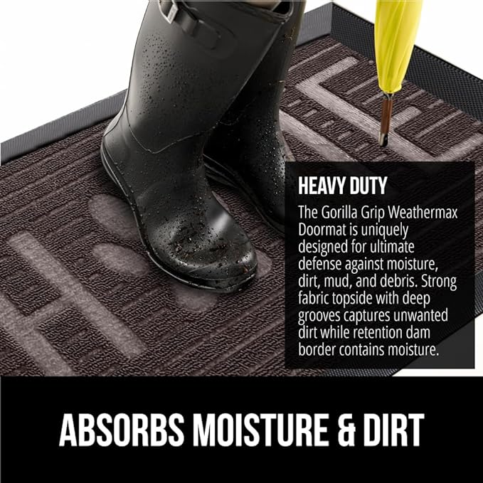 GORILLA GRIP 100% Waterproof All-Season WeatherMax Doormat US Designed Natural Rubber, Stain and Fade Resistant, Low Profile Indoor Outdoor Door Mats, Easy Clean Patio Mat, Espresso Home Paw