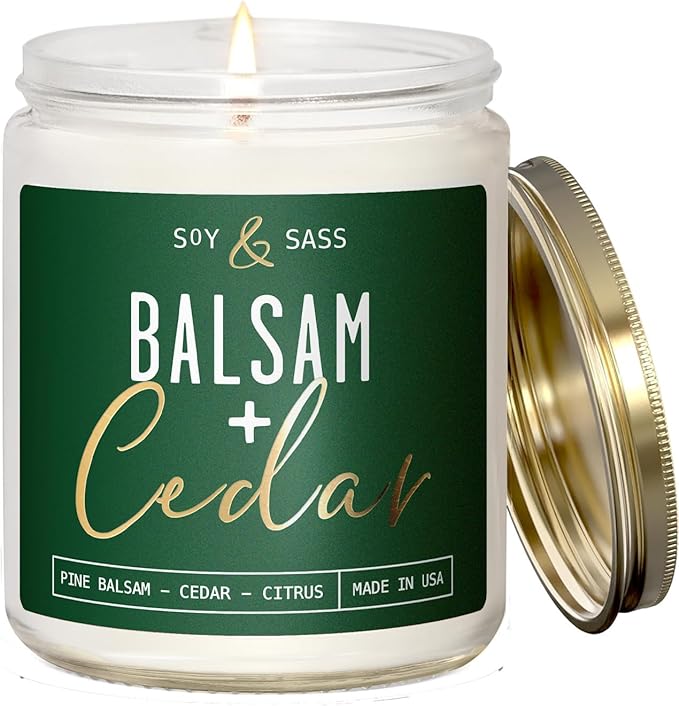 Balsam Candle, Christmas Candles Scented - 'Balsam + Cedar' Soy Candle, w/Balsam Fir, Cedar & Citrus - Infused with Essential Oils I Balsam Fir Candles I 9oz, 50Hr, Made in USA