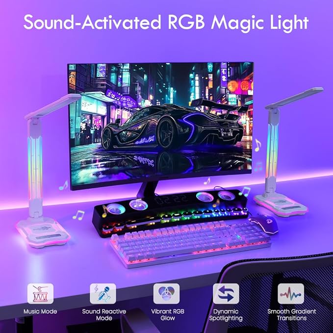 WILIT Desk Lamp for College Dorm Room,Sound Reactive RGB Lamp, Gamer Room Decor, Table Lamp with Wireless Charger&USB Charging Port,Touch Control Lamp,LED Reading Lamp for Home Office,Men Gifts